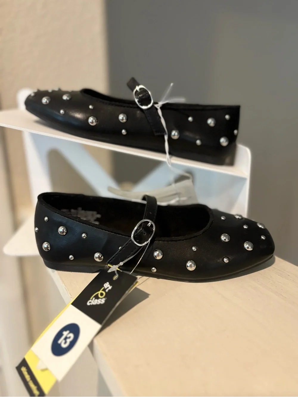 Art Class Big Girls Size 13 Ballet Flats with Adjustable Strap Black Silver Stud